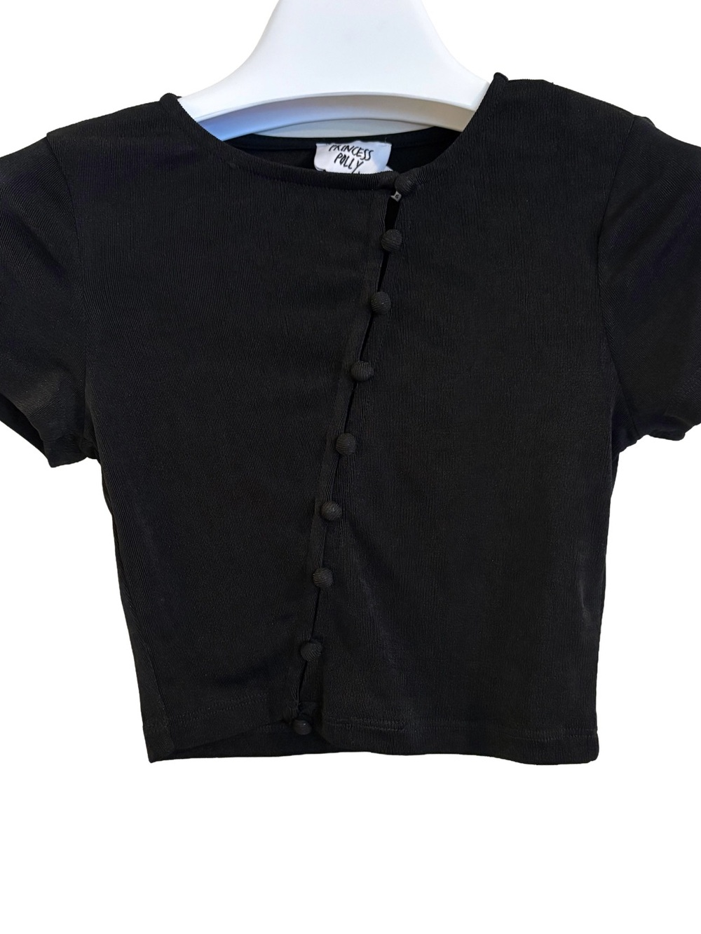 Women’s Princess Polly Black Asymmetrical Button Crop Top, Size 4